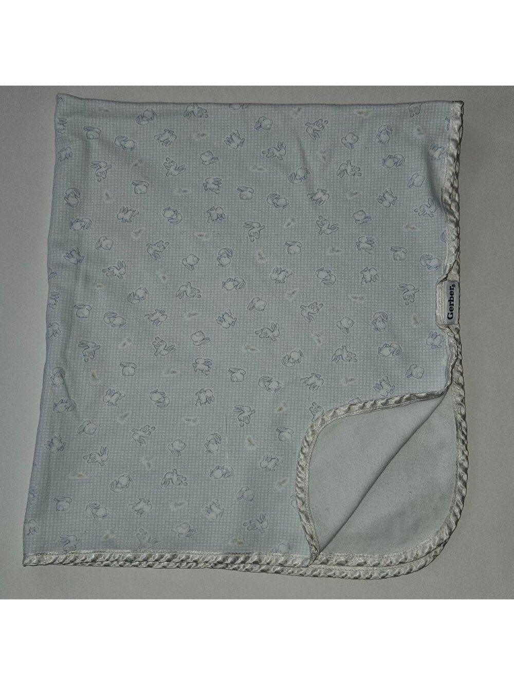Gerber Blue White Bunny Rabbit Carrots Baby Blanket Cotton Satin Trim 29x32
